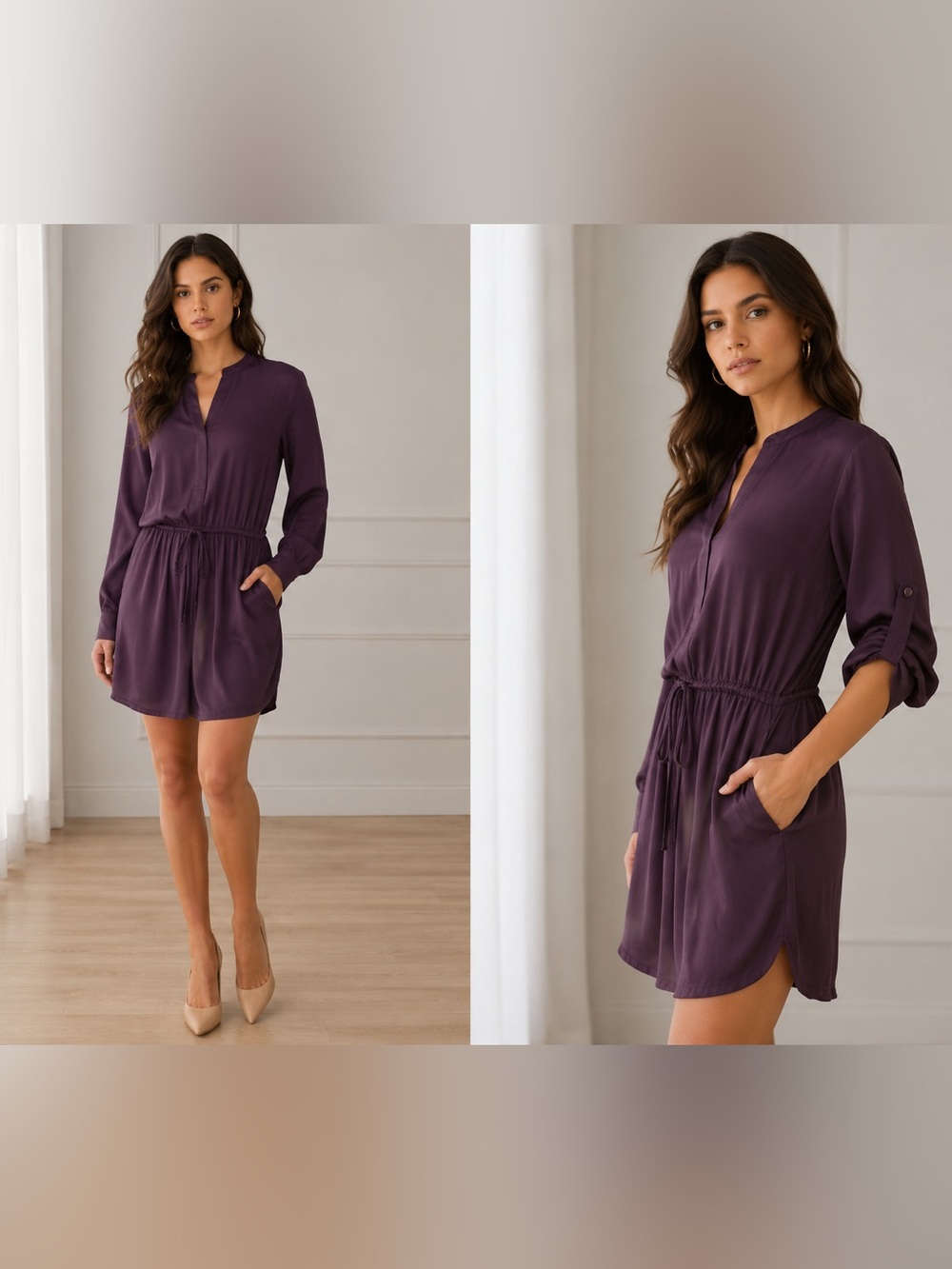 Vince Camuto Popover Tunic Plum Long-Sleeve Drawstring Dress - L